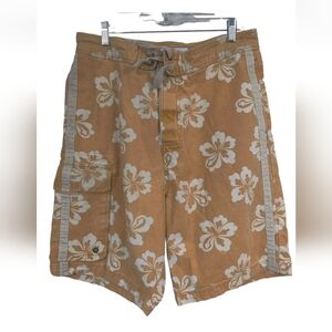 Vintage Arizona Jean Co. Tan/ Orange Denim Floral Hawaiian Board Shorts Men's 32